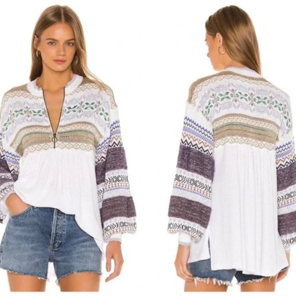 Free‎ People Sz XS Cozy Cottage Metallic Waffle Knit Boho Sweater